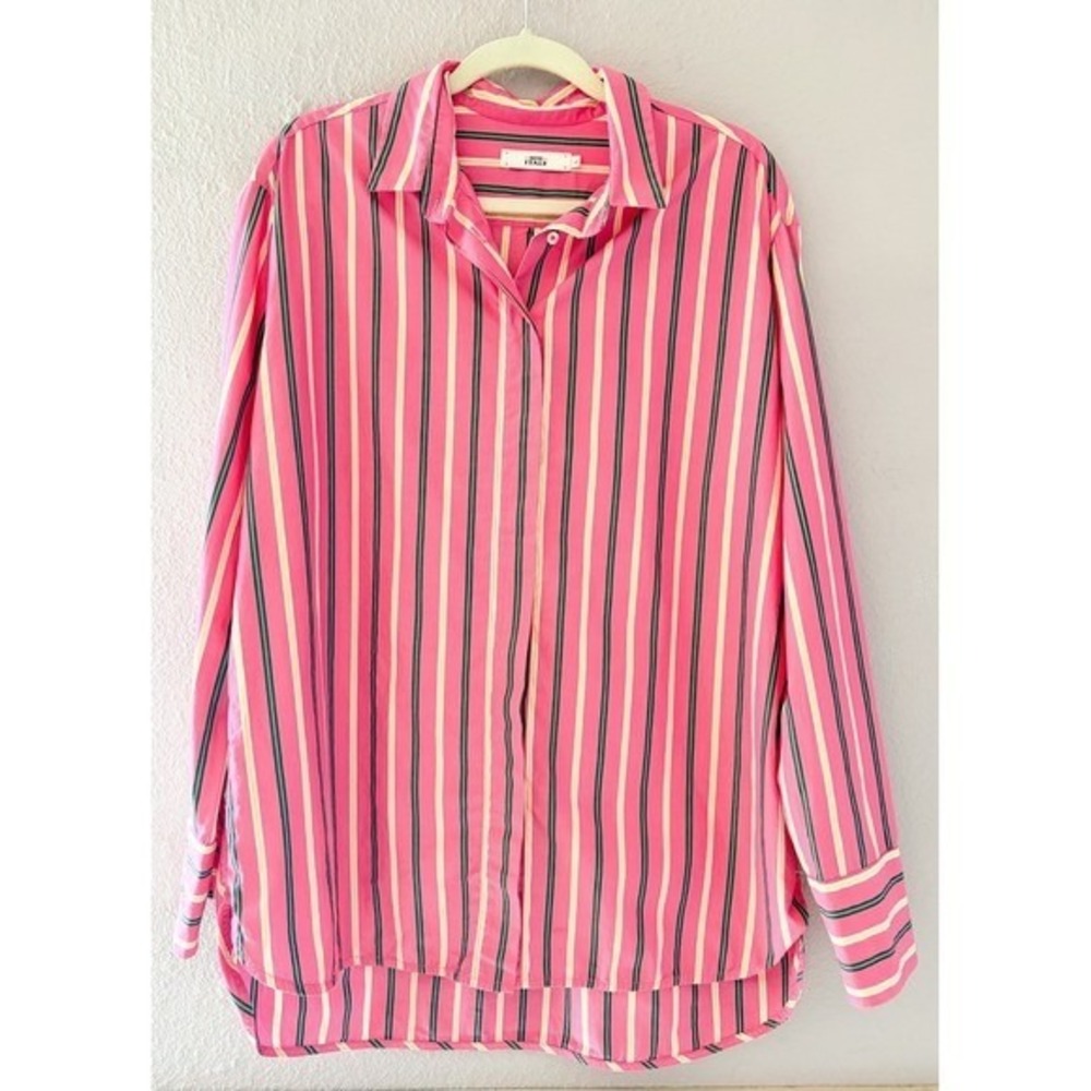 0039 Italy Beverly Pink Striped Cotton Button Down Shirt Womens Preppy Large